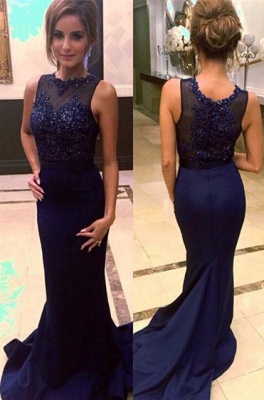 Mermaid Sleevesless Prom Dresses Appliques Court Train Evening Gowns with Beadings_1