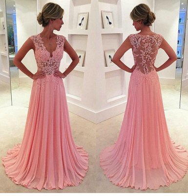 Pink Chiffon Prom Dresses Sheer Lace Applique Top V Neck Long Elegant Evening Gowns_3