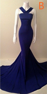 Blue Halter Neck Mermaid Evening Gowns Alluring Simple Long Prom Dresses_2
