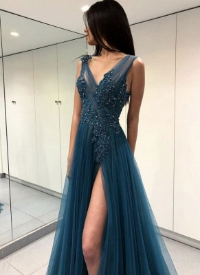 Sexy Tulle Slit Evening Gowns | Sleeveless Appliques A-line Prom Dresses_1