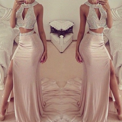 Two-Piece Prom Dresses Pink Halter Neck Beaded Thigh-High Slit Sexy Mermaid Evening Gowns_2