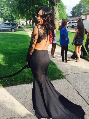 Two-Piece Prom Dresses Black High Neck Long Sleeves Lace Top Mermaid Sexy Evening Gowns_6