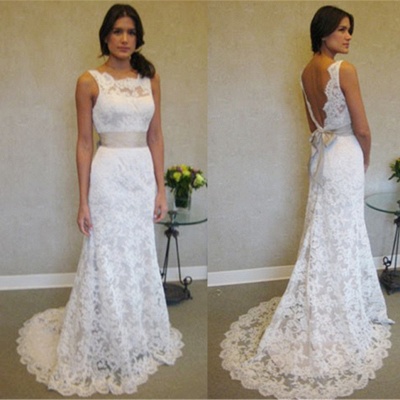 Lace A-line Wedding Dresses Open Back with Sash Bow Court Train Elegant Bridal Gowns_3