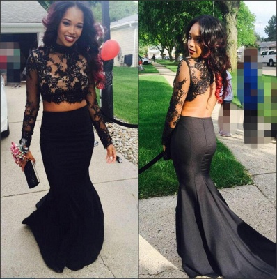 Two-Piece Prom Dresses Black High Neck Long Sleeves Lace Top Mermaid Sexy Evening Gowns_4