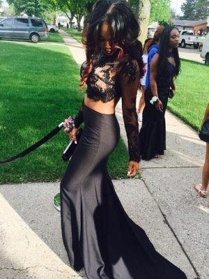 Two-Piece Prom Dresses Black High Neck Long Sleeves Lace Top Mermaid Sexy Evening Gowns_5
