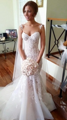 Mermaid Beach Wedding Dresses Spaghettis Straps Lace Appliques Sexy Long Bridal Gowns_1