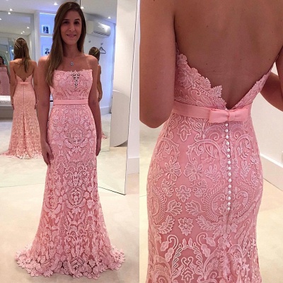 Gorgeous Pink Mermaid Lace Strapless Zipper Pearls Prom Dress_3