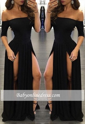 Sexy Slits Prom Dresses Half Long Sleeves Off-the-shoulder Evening Gowns_3