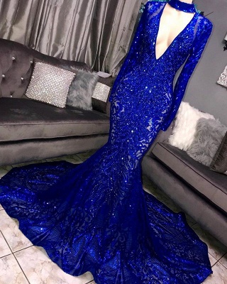 Luxury Long Sleeve Applique Beading Sequined Mermaid Prom Dresses | Deep V Neck Evening Gown_2