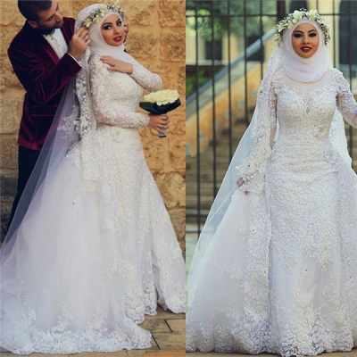 Lace Long Sleeves Arabic Wedding Dresses | Muslim High Neck A-line Bridal Gowns with Overskirt_6