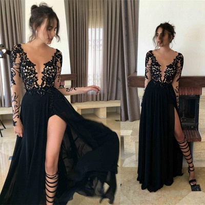 Long Sleeves Black Side-Slit A-Line Prom Dresses_3