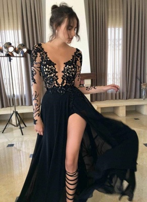 Long Sleeves Black Side-Slit A-Line Prom Dresses_1