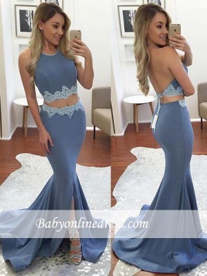 Sexy Mermaid Two-Pieces Backless Prom Dress 2018 Front-Split Halter Appliques Evening Gowns BA4779_3