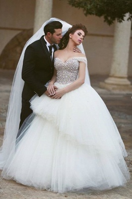 Off Shoulder Pearls Lace-up Back Tiers Tulle Sweep Train Ball Gown Wedding Dresses_2