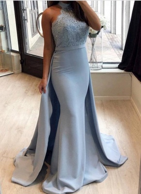 Chic Blue Prom Dresses with Overskirt | Halter Neck Sleeveless Mermaid Evening Gowns_1