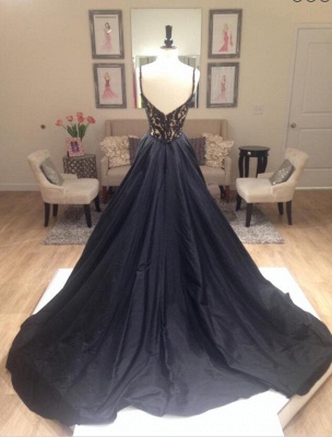 Alluring Deep V-Neck Prom Dresses Appliques Black Sleeveless Long Evening Dresses_3