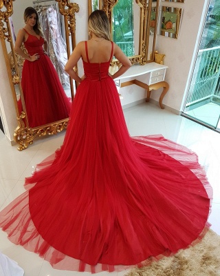 Elegant Red A-Line Prom Dresses | Spaghetti Straps Tulle Long Evening Dresses Sweep Train_3