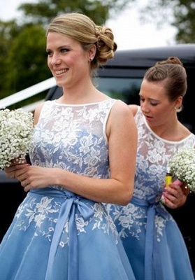 Tea-length Scoop-neckline Lace Sashes A-line Bridesmaid Dress_2