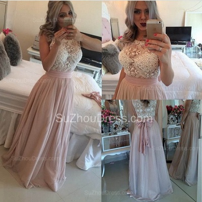 Chiffon Pearls Pink Long Prom Dresses Crew Neck Lace Sweep Train Evening Gowns_2