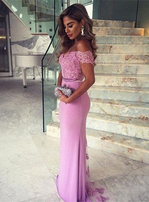Lilac Mermaid Prom Dresses Long Off the Shoulder Lace Elegant Evening Gowns_4