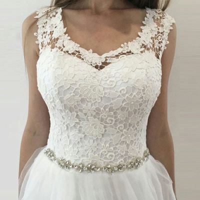 Simple Lace A-Line Wedding Dresses | Scoop Sleeveless Beaded Illusion Back Tulle Bridal Gowns_3