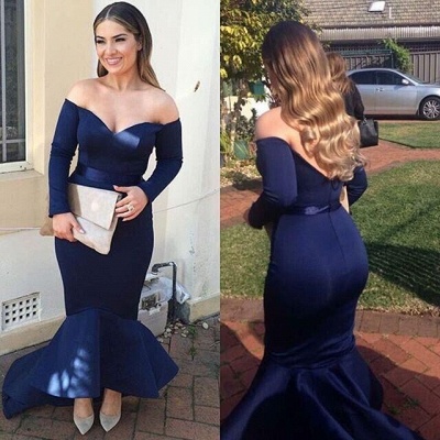 Navy Blue Mermaid Prom Dresses Off the Shoulder Long Sleeves Plus Size Sexy Evening Gowns_3