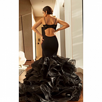 Sexy Black Mermaid Prom Dresses | Spaghettis Straps Cutaway Sides Evening Gowns with Ruffles Train_4