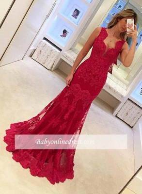Red Sexy Sleeveless Elegant Mermaid Long Lace Evening Dresses_3