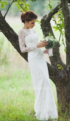 Long Sleeve Floor Length Sheath Elegant Lace Wedding Dresses_1