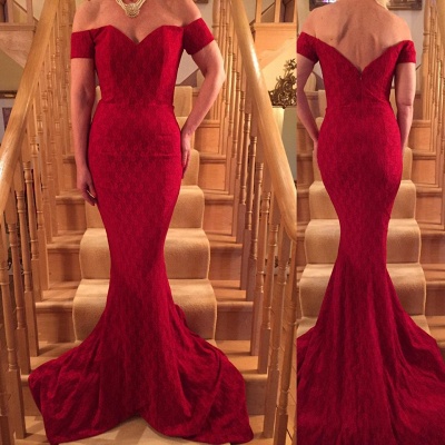 Lace Glamorous Long Red Short-Sleeve Mermaid Prom Dress_3