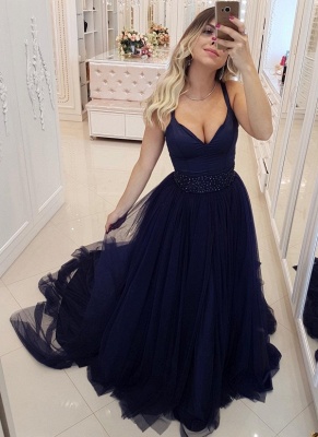 Sexy Dark Navy Spaghetti Straps A-Line Evening Dresses | Beaded Tiered Tulle Long Prom Dresses_1