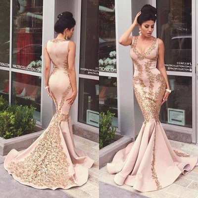 Gold Lace Applique Mermaid Prom Dresses V Neck Ruffles Train Evening Gowns_3