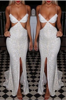 Sliver Sequins Sexy Mermaid Prom Dresses Spaghettis Straps Front Slit Formal Evening Gowns_1