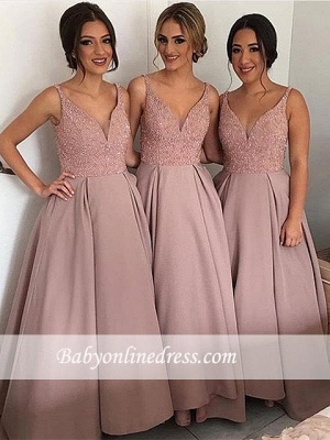 Elegant V-Neck Sleeveless Floor Length Bridesmaid Dress with Beadings_3