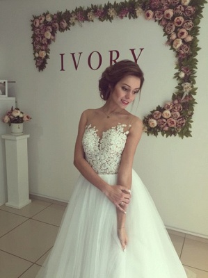 A-line Wedding Dresses Sheer Lace Appliques Top Elegant Bridal Gowns_3