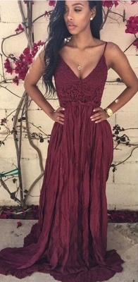 Burgundy Prom Dresses Spaghettis Straps Lace Backless Ruched Skirt Sexy Maxi Dresses_1