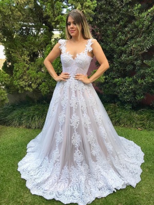 Luxury Pearls Wedding Reception Dress | Scoop Sleeveless Lace Appliques Bridal Gowns Sweep Train_2