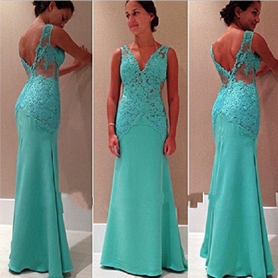 Sexy Mermaid Lace V-Neck Prom Gowns Sleeveless Open-Back Party Dress_3