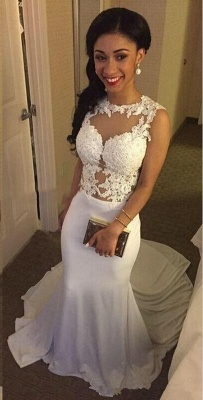 White Sleeveless Lace Appliques Mermaid Wedding Dresses with Court Train_1