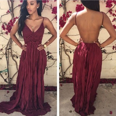 Burgundy Prom Dresses Spaghettis Straps Lace Backless Ruched Skirt Sexy Maxi Dresses_3