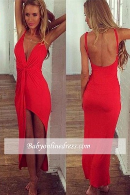 Red Hi-Lo Backless Spaghetti-Strap V-Neck Beach Sexy Summer Evening Dresses_1