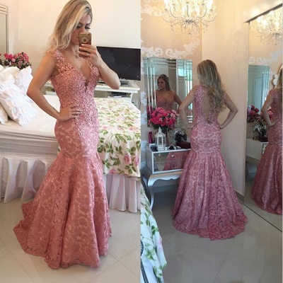 Sexy Deep V-Neck Mermaid Prom Dress Lace Appliques Evening Gowns with Beadings_3