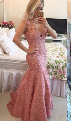 Sexy Deep V-Neck Mermaid Prom Dress Lace Appliques Evening Gowns with Beadings_1
