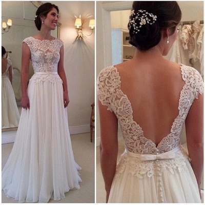 Lace Chiffon Backless A-line Wedding Dresses Capped Sleeves Sweep Train Summer Bridal Gowns_2