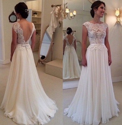 Lace Chiffon Backless A-line Wedding Dresses Capped Sleeves Sweep Train Summer Bridal Gowns_3
