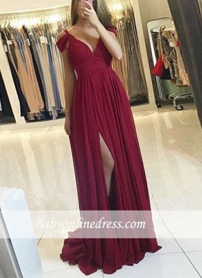 A-line Burgundy Long Off-the-Shoulder Chiffon Side-Slit Prom Dresses LY186_3