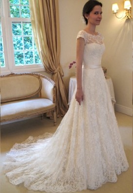 Sheer Lace Beach Wedding Dresses Jewel Sleeves Elegant Bridal Gowns_1