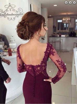 2018 Mermaid Evening Gowns Dark Red Long Sleeves Lace Open Back Long Wedding Party Dresses_4