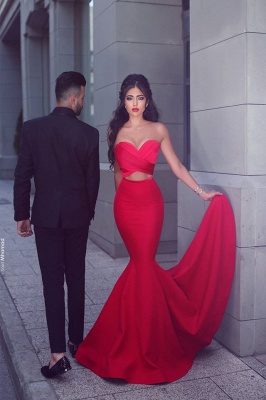 New Arrival Sweetheart Mermaid Red Prom Dresses Ruffles Evening Gowns_1