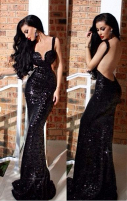 Sexy Black Mermaid Sequined Long Prom Dresses Open Back Evening Gowns_2